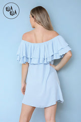 Double Frill Off Shoulder Bardot Swing Holiday Dress in Baby Blue back