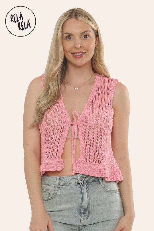 Crochet Tie Front Frill Detailed Top in Pink