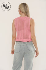 Crochet Tie Front Frill Detailed Top in Pink