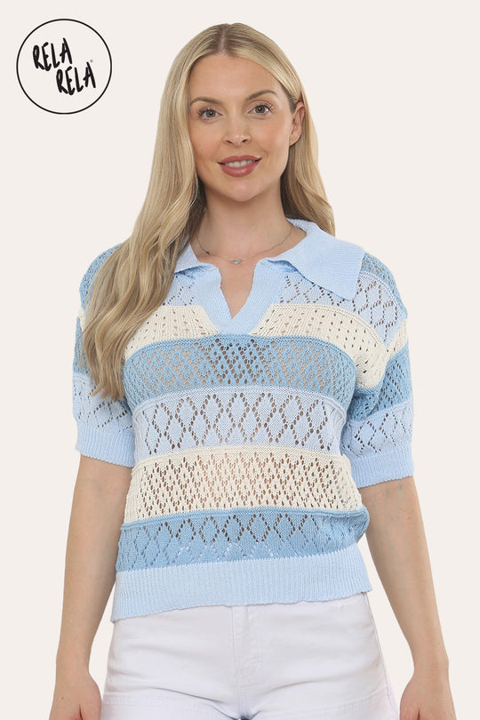Collared Crochet Polo Shirt Jumper Top in Blue