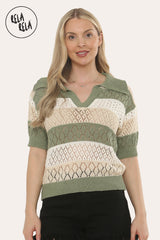 Collared Crochet Polo Shirt Jumper Top in Khaki