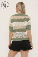 Collared Crochet Polo Shirt Jumper Top in Khaki