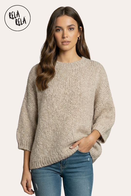 Half Sleeve Knitted Crewneck Jumper in Beige