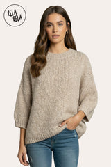 Half Sleeve Beige Knitted Crewneck Jumper