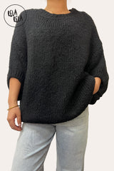 Half Sleeve Black Knitted Crewneck Jumper