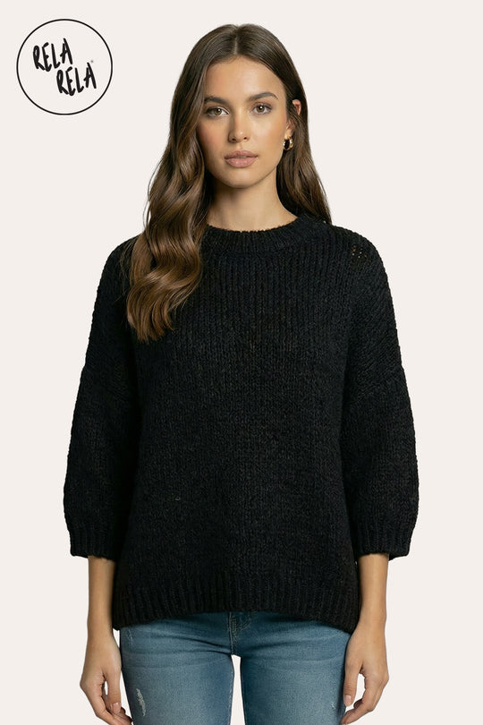 Half Sleeve Knitted Crewneck Jumper in Black