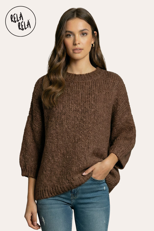 Half Sleeve Knitted Crewneck Jumper in Chocolate