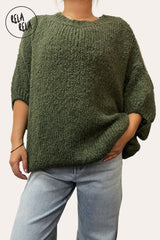 Half Sleeve Knitted Khaki Crewneck Jumper