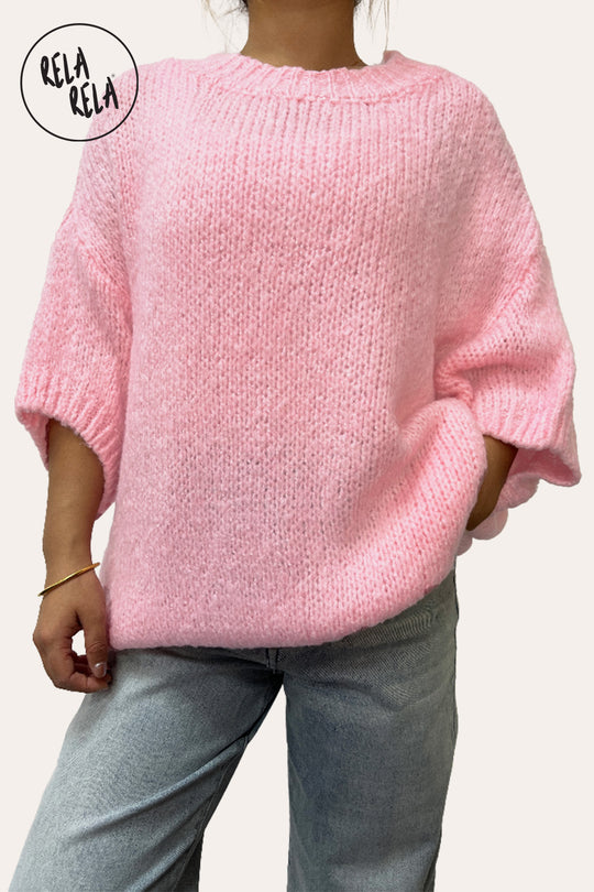 Half Sleeve Knitted Crewneck Jumper in Pink