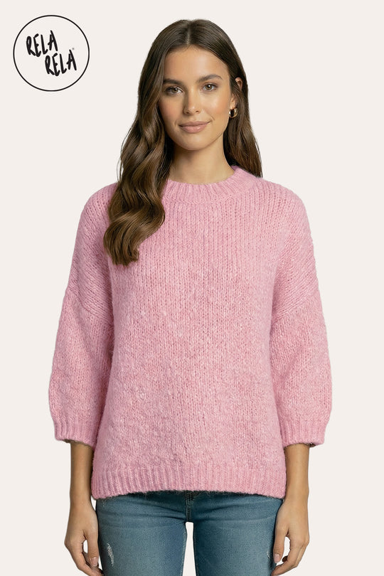 Half Sleeve Knitted Crewneck Jumper in Pink