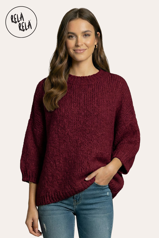 Half Sleeve Knitted Crewneck Jumper in Burgundy