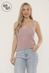 Summer Sleeveless Shimmery V Neck Cami Vest Tank Top in Rose Pink