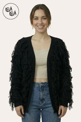 Front View of Fringe Decor Long Sleeve Knitted Cardigan in Black