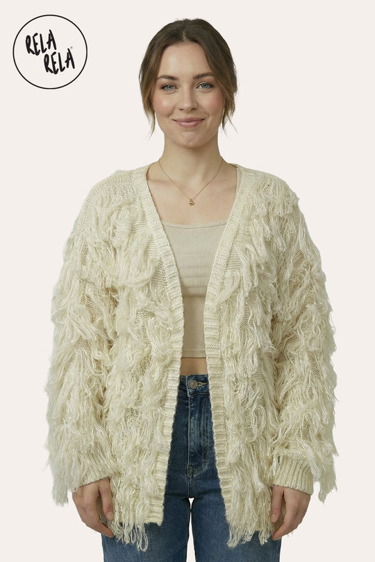 Fringe Decor Long Sleeve Knitted Cardigan in Cream