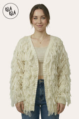 Front View of Fringe Decor Long Sleeve Knitted Cardigan in Cream