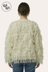 Back View of Fringe Decor Long Sleeve Knitted Cardigan in Cream
