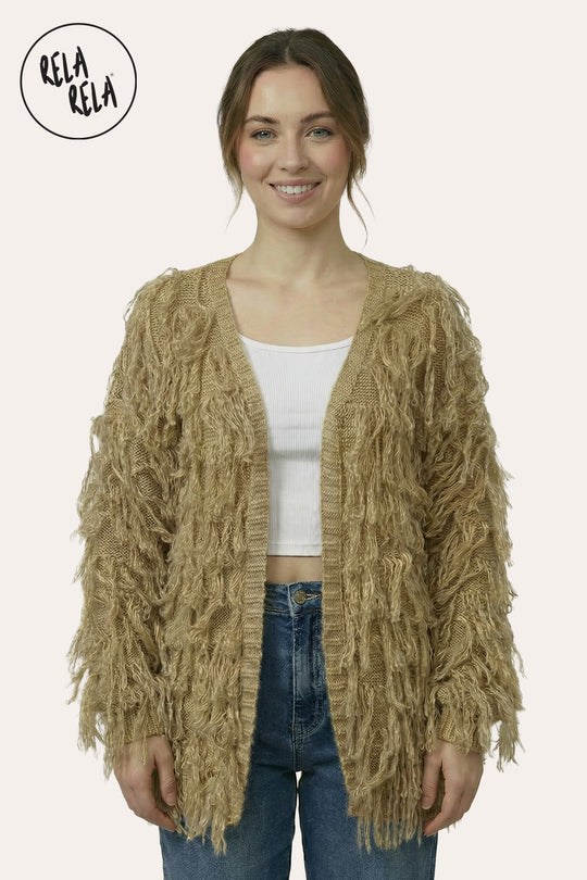 Fringe Decor Long Sleeve Knitted Cardigan in Mocha