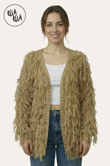 Front View of Fringe Decor Long Sleeve Knitted Cardigan in Mocha