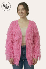 Front View of Fringe Decor Long Sleeve Knitted Cardigan in Pink