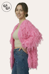 Side View of Fringe Decor Long Sleeve Knitted Cardigan in Pink