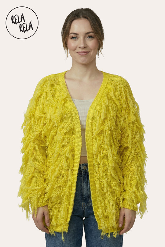 Fringe Decor Long Sleeve Knitted Cardigan in Yellow