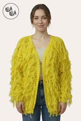 Front View of Fringe Decor Long Sleeve Knitted Cardigan in Yellow
