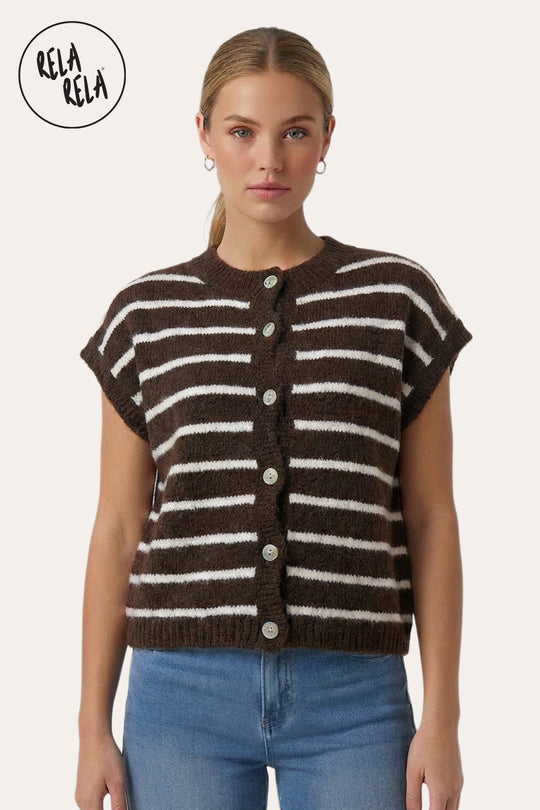 Striped Knitted Sleeveless Jumper Vest with Buttons in Chocolate/White
