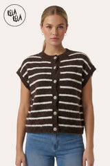 Front View of Chocolate/White Striped Knitted Sleeveless Jumper Vest with Buttons