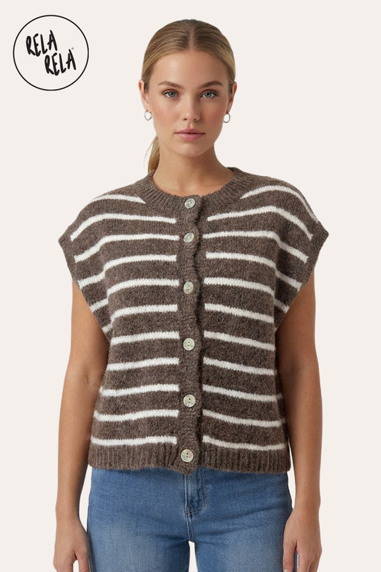 Striped Knitted Sleeveless Jumper Vest with Buttons in Mocha/White