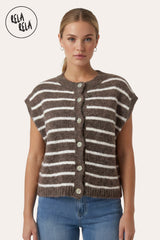 Model Wearing in Mocha/White Striped Knitted Sleeveless Jumper Vest with Buttons