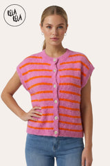 Model Wearing in Pink/Orange Striped Knitted Sleeveless Jumper Vest with Buttons