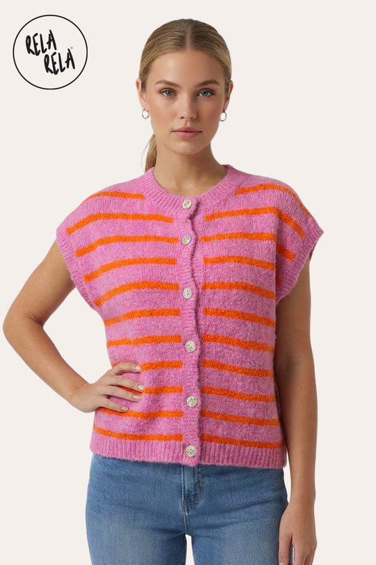 Striped Knitted Sleeveless Jumper Vest with Buttons in Pink/Orange
