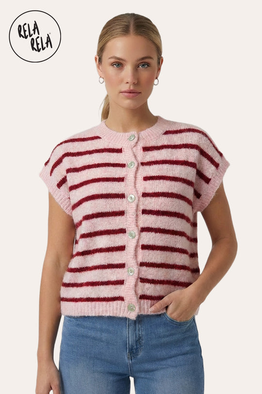 Striped Knitted Sleeveless Jumper Vest with Buttons in Pink/Red