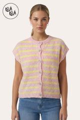Model Wearing in Striped Knitted Sleeveless Jumper Vest with Buttons in Pink/Yellow