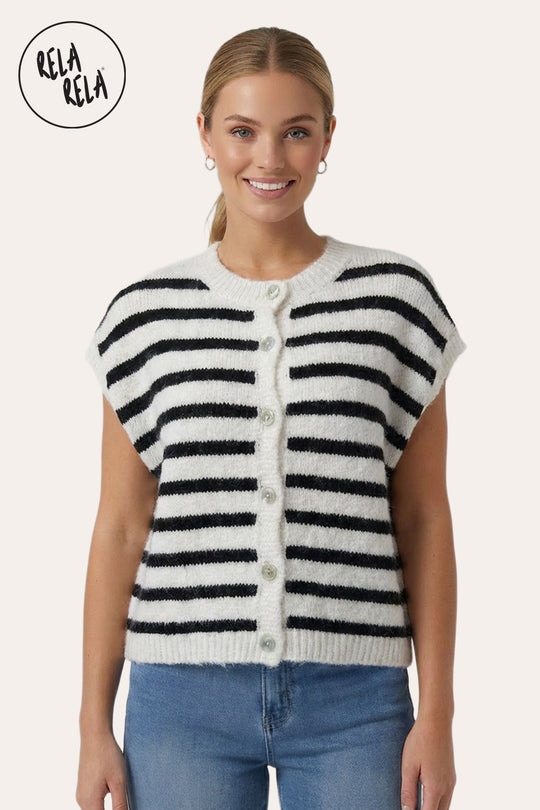 Striped Knitted Sleeveless Jumper Vest with Buttons in White/Black