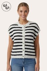 Model Wearing in Striped Knitted Sleeveless Jumper Vest with Buttons in White/Black