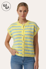 Front View of Striped Knitted Sleeveless Jumper Vest with Buttons in Yellow/Blue