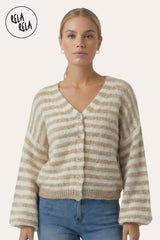 Front View of Striped Colour Contrast Lounge Cardigan with Buttons in Beige/Cream