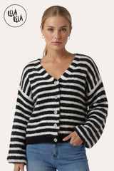 Model Wearing in Striped Colour Contrast Lounge Cardigan with Buttons in Black/White