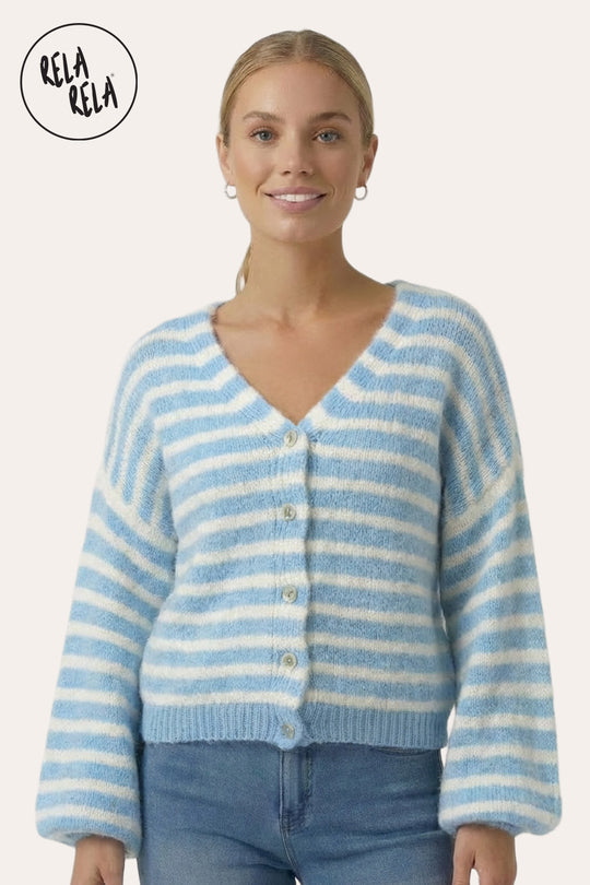 Striped Colour Contrast Lounge Cardigan with Buttons in Blue/White