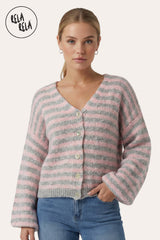 Front View of Striped Colour Contrast Lounge Cardigan with Buttons in Grey/Pink