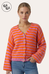 Model Wearing in Striped Colour Contrast Lounge Cardigan with Buttons in Orange/Pink