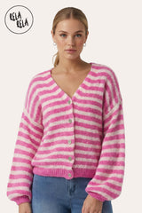 Front View of Striped Colour Contrast Lounge Cardigan with Buttons in Pink/Cream