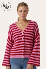 Model Wearing in Striped Colour Contrast Lounge Cardigan with Buttons in Red/Pink