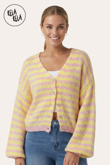 Front View of Striped Colour Contrast Lounge Cardigan with Buttons in Yellow/Pink