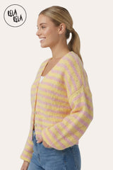 Side View of Striped Colour Contrast Lounge Cardigan with Buttons in Yellow/Pink