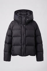 Front product view of a black hooded puffer jacket with horizontal padded panels, drawstring hood, snap-button front and side pockets.