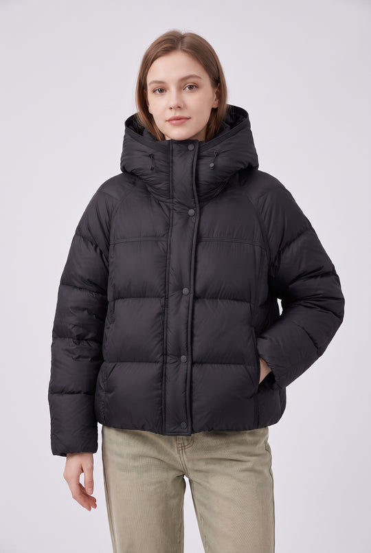 Cropped Oversized Hooded Puffer Jacket in Black