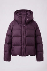 Front product view of a plum hooded puffer jacket with horizontal padded panels, drawstring hood, snap-button front and side pockets.