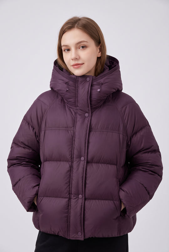 Cropped Oversized Hooded Puffer Jacket in Plum